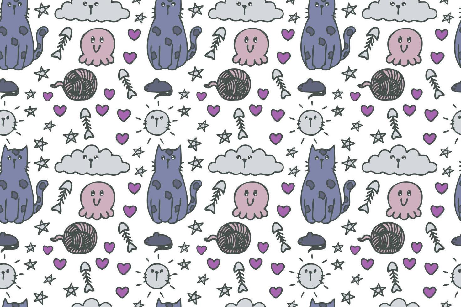 Hand drawn cute cat seamless pattern art. vector