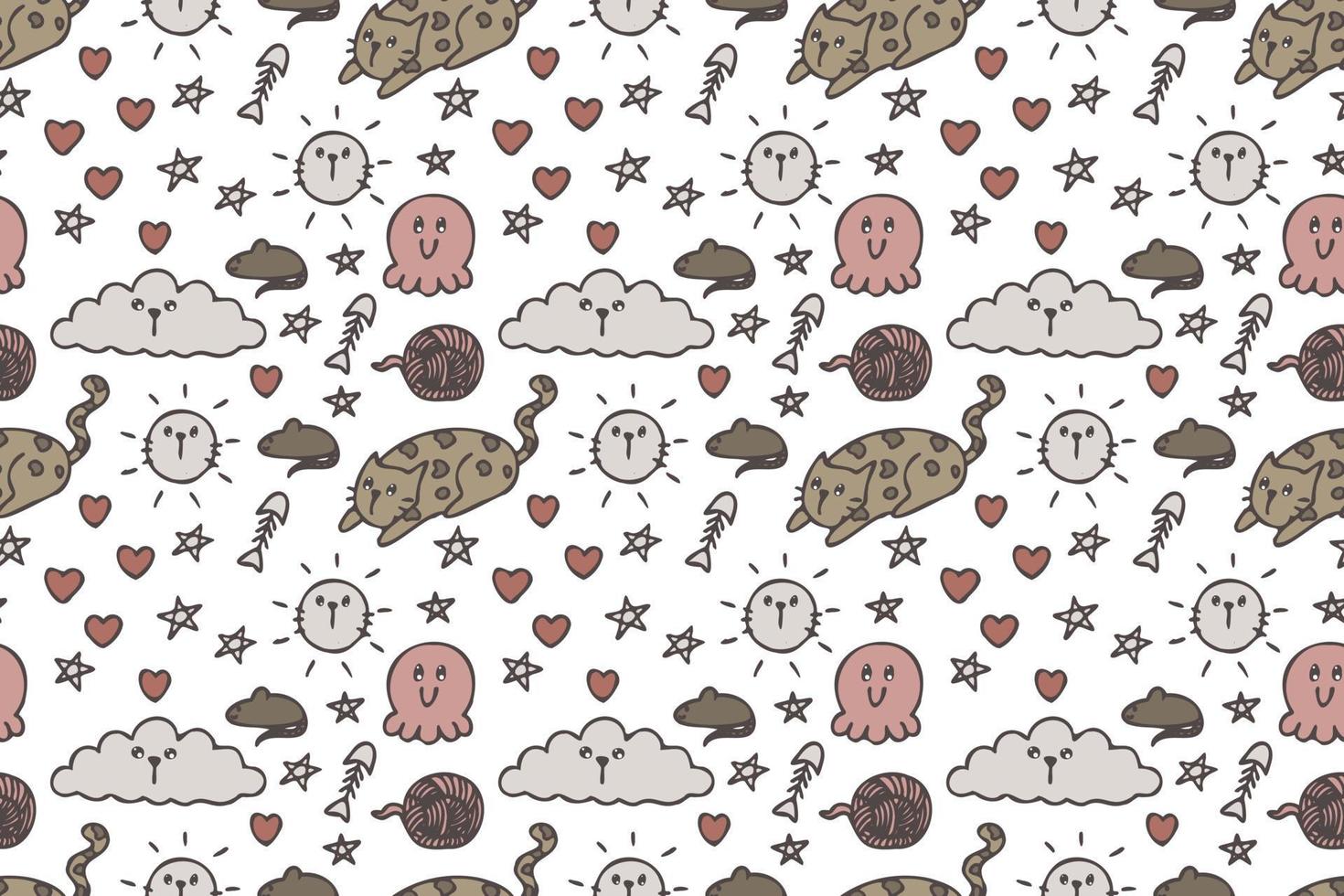 Hand drawn cute cat seamless pattern art. vector