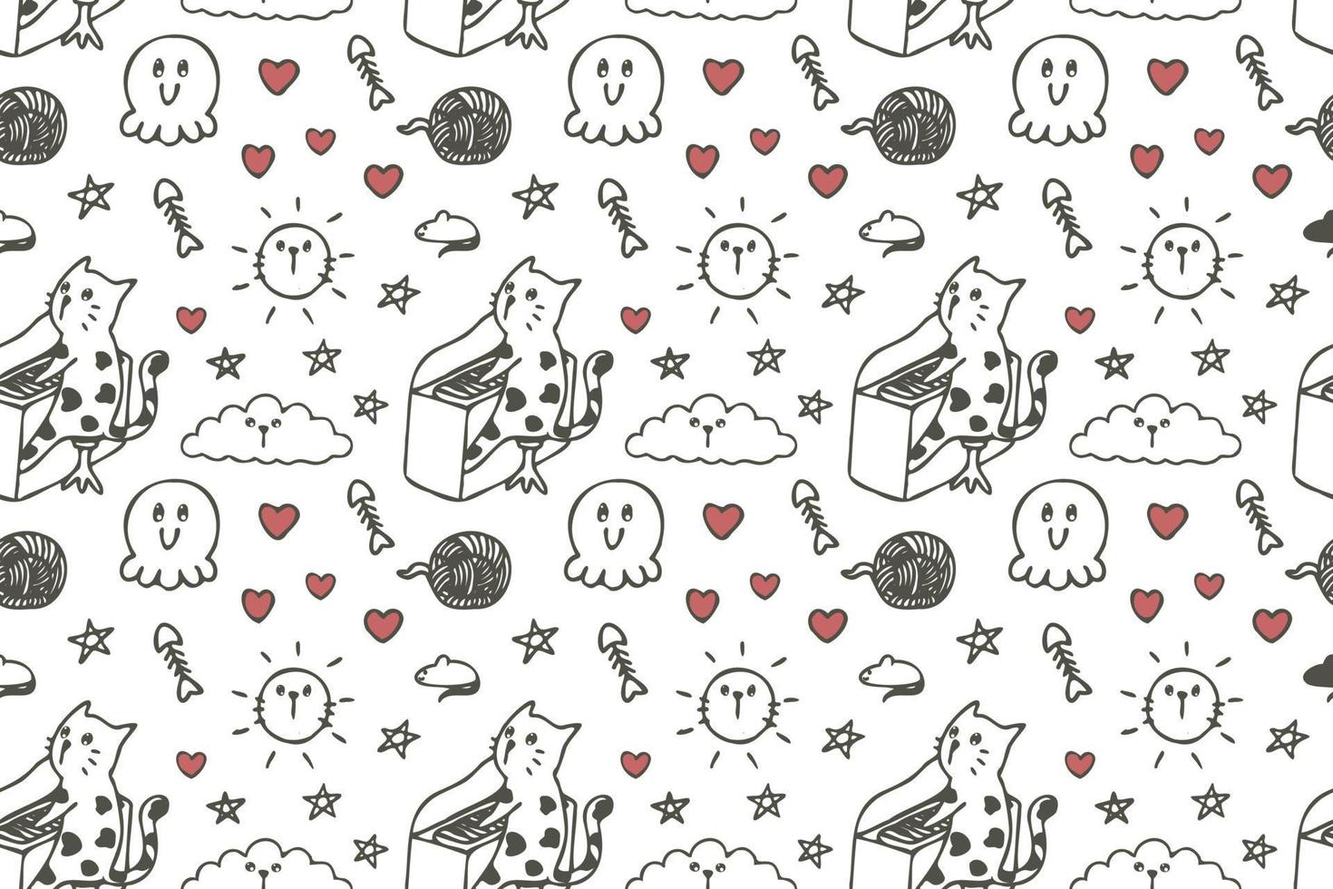 Hand drawn cute cat seamless pattern art. vector