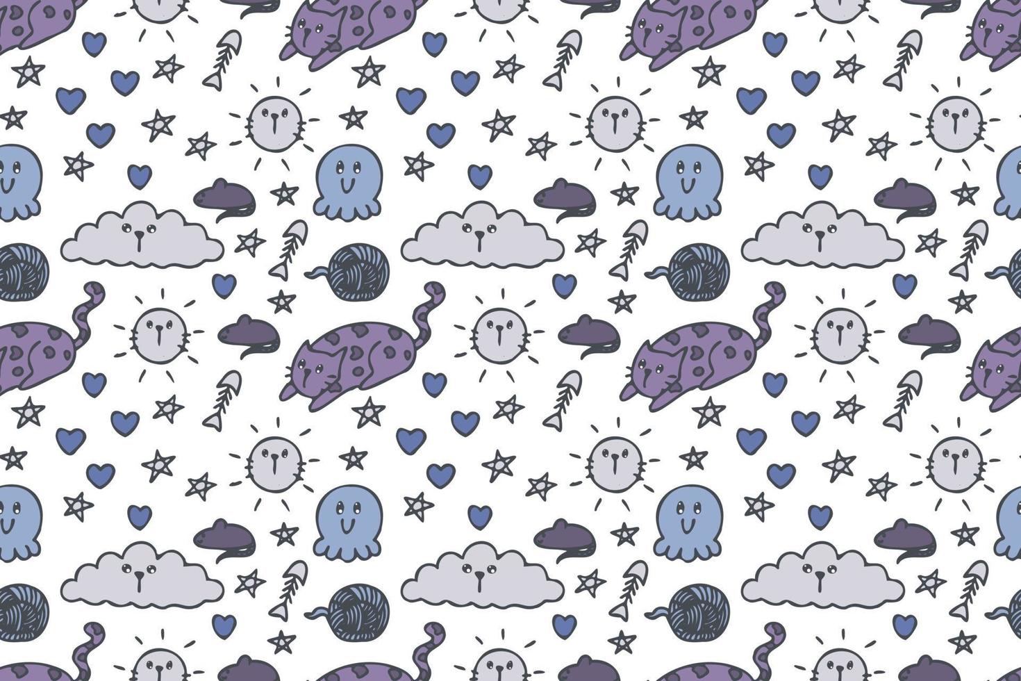 Hand drawn cute cat seamless pattern art. vector