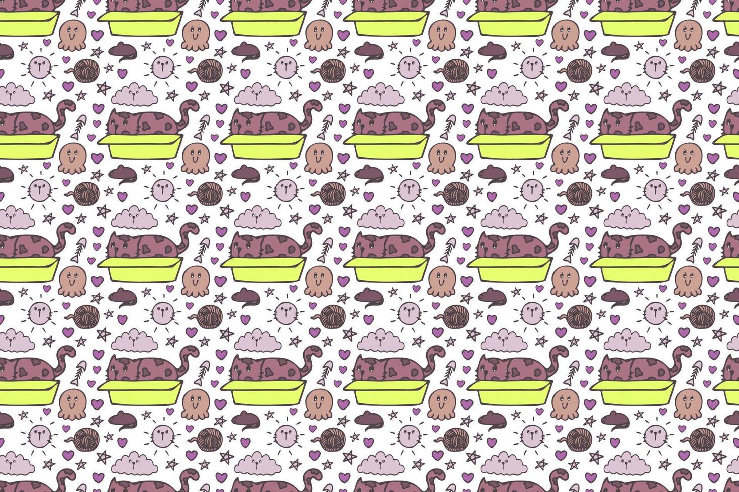 Hand drawn cute cat seamless pattern art. vector