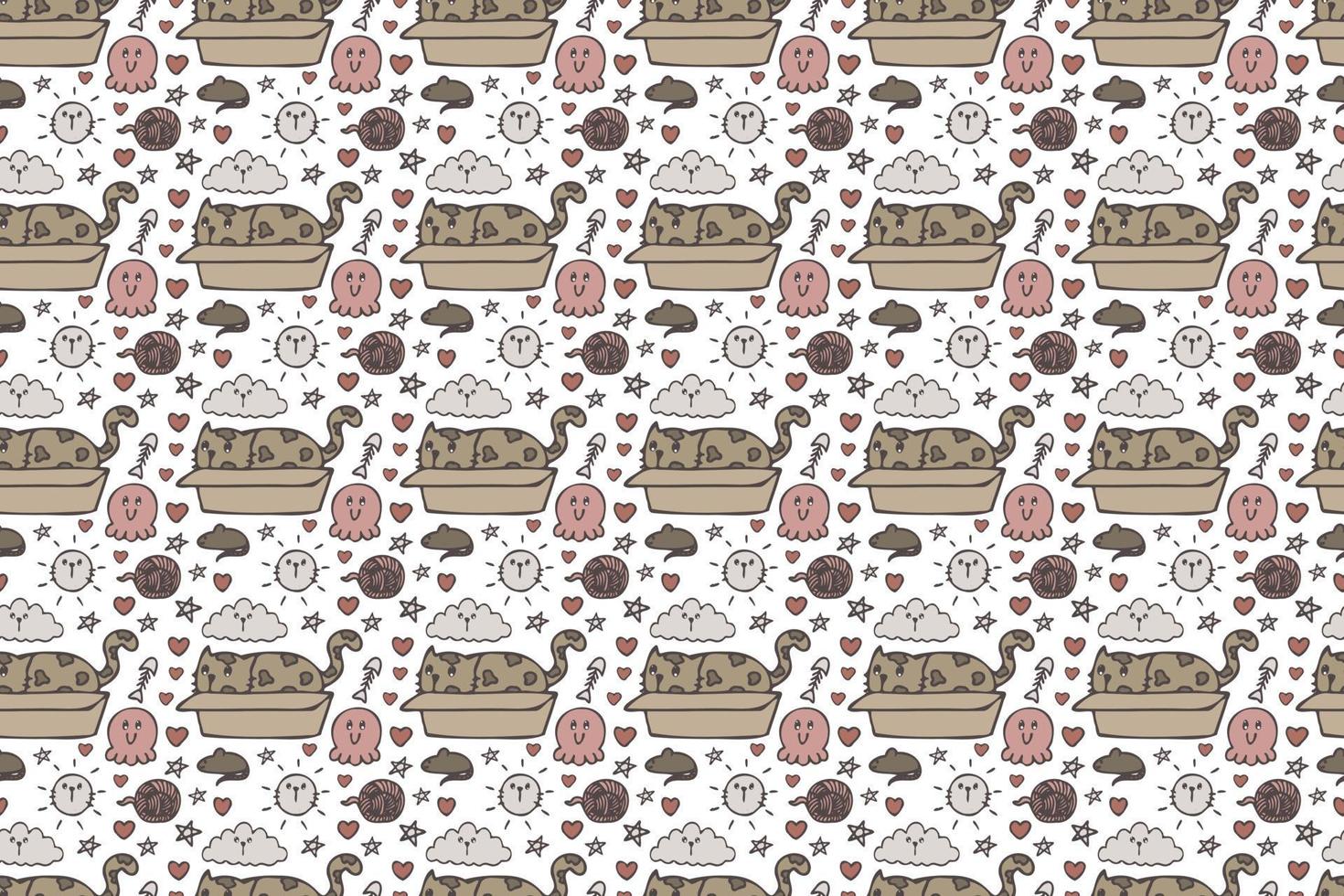 Hand drawn cute cat seamless pattern art. vector