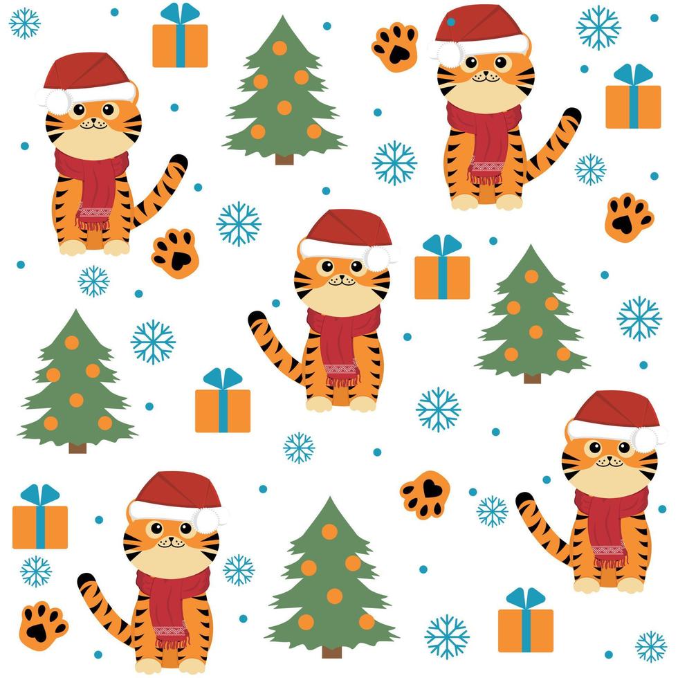 Tiger cubs with Christmas trees pattern vector