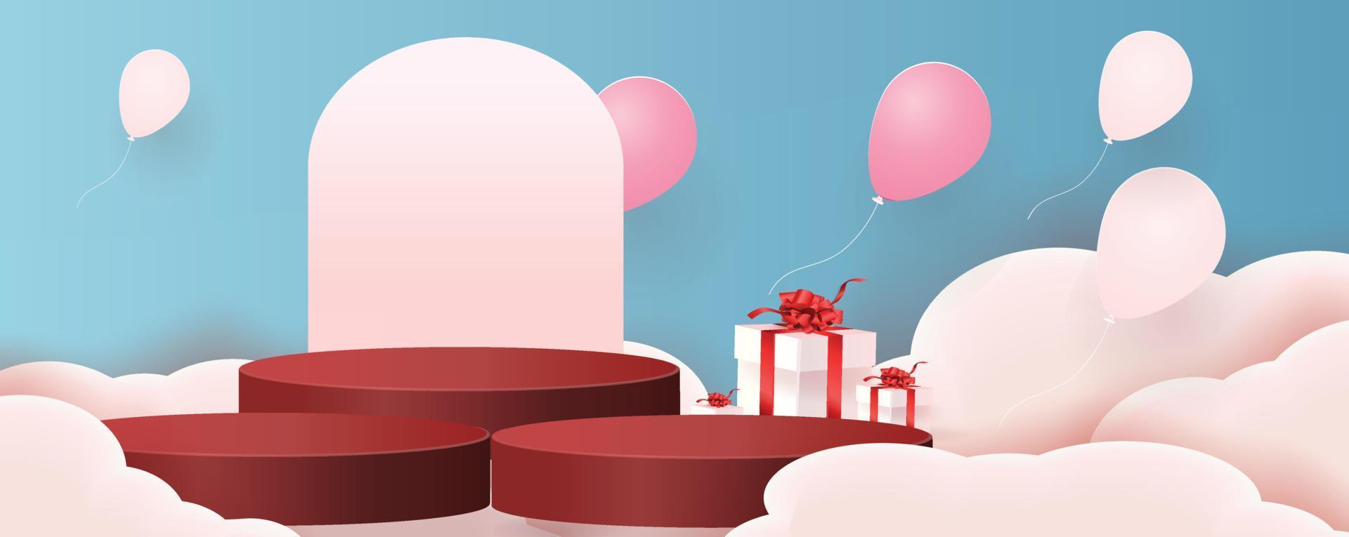 3d podium red product background for valentine.pink and heart love romance concept design vector illustation decoration banner