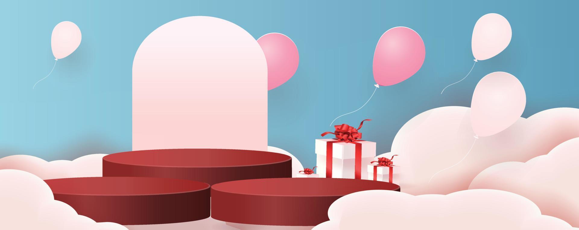 Fondo de producto rojo podio 3d para san valentín rosa y corazón amor romance concepto diseño vector illustation decoración banner