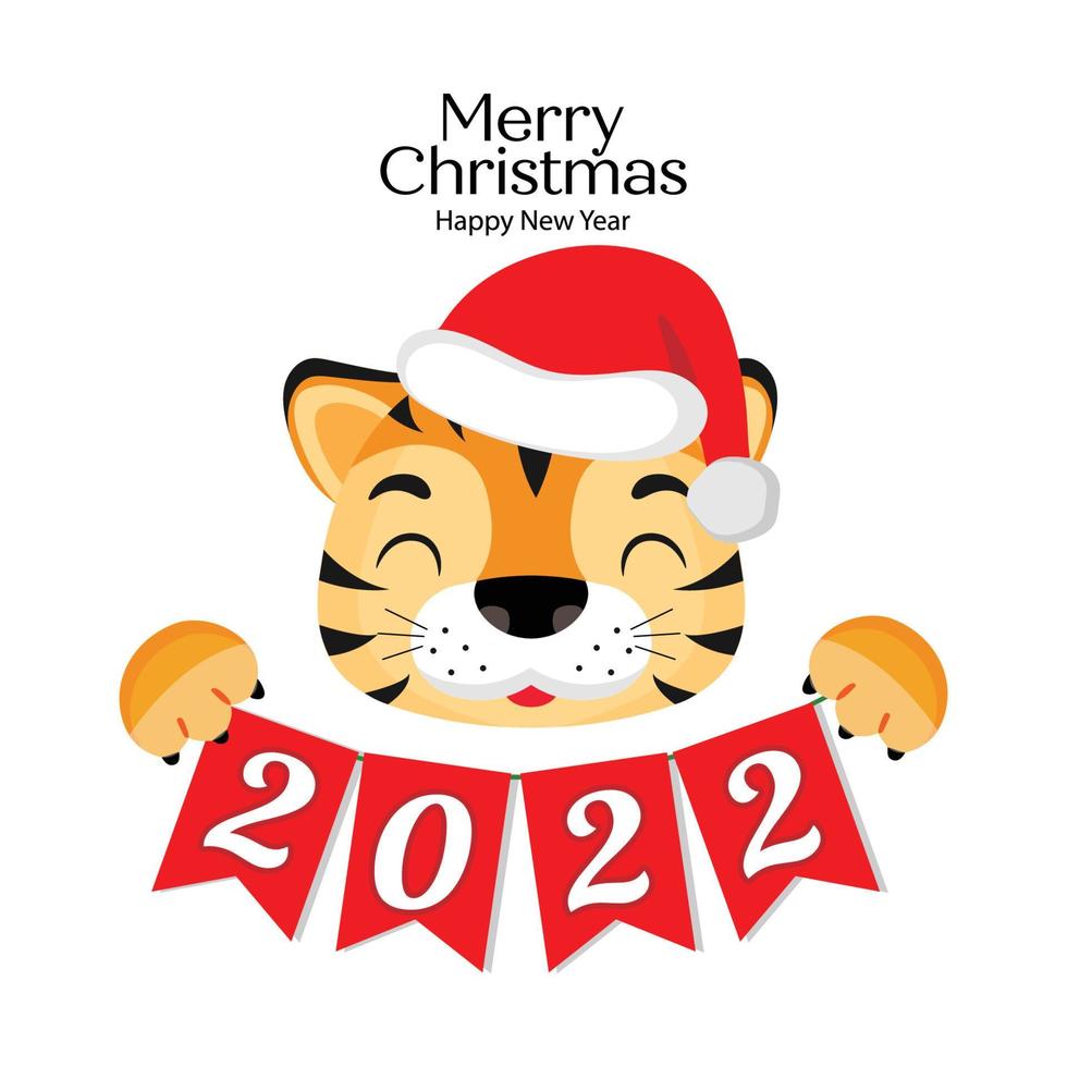 Merry Christmas and happy new year greeting card with cute tiger. vector