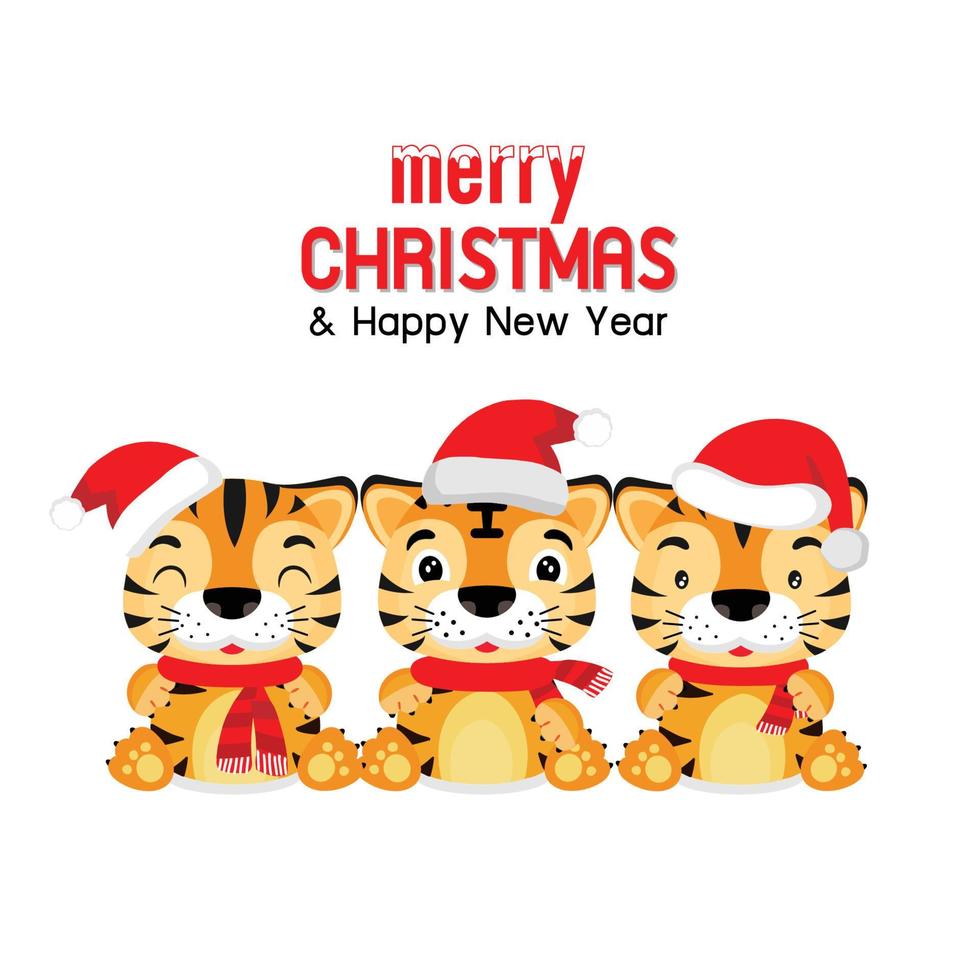 Merry Christmas and Happy New Year card. Cute Tiger in santa hat cartoon. vector