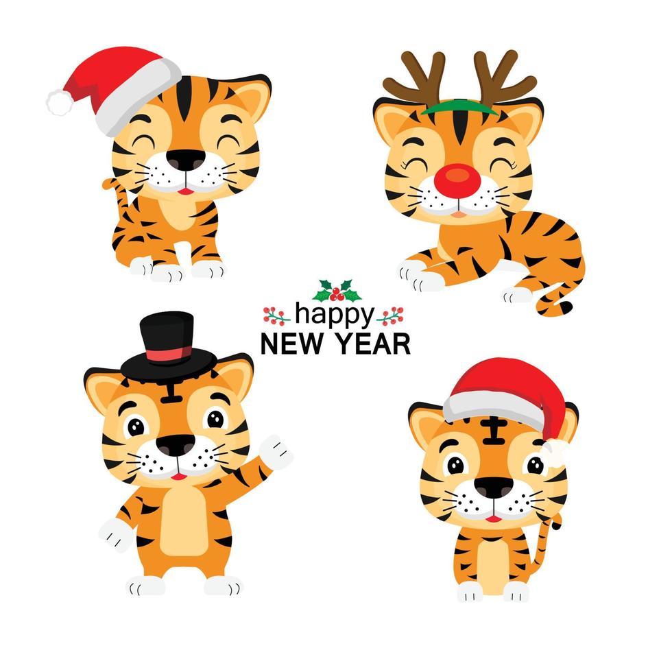 conjunto de personaje de dibujos animados de tigre de Navidad. vector