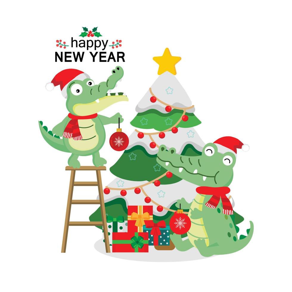 Cute Crocodiles Wearing Christmas Hat decorate Christmas tree. vector