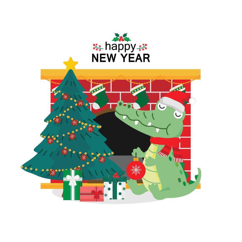 cocodrilos lindos con sombrero de Navidad sentados cerca del árbol de Navidad y la chimenea. vector
