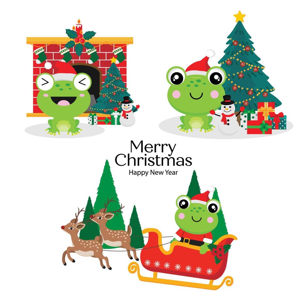 Merry Christmas card with Cute frog wearing Santa Claus hat. vector