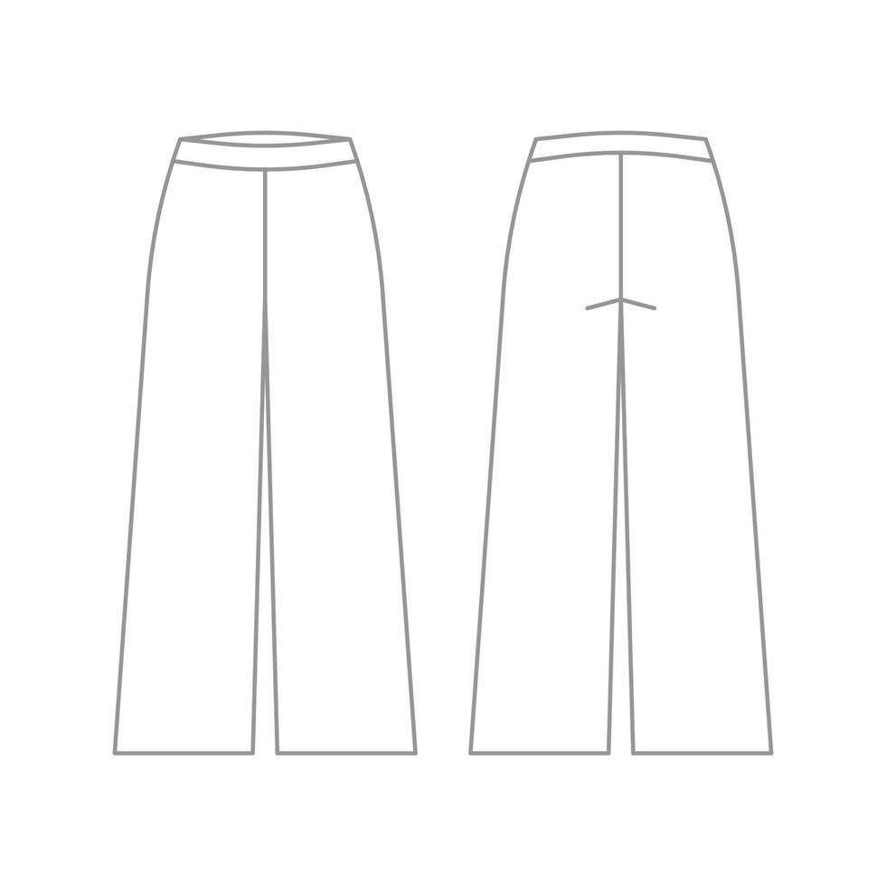 Casual loose pants classic trousers, sweatpants technical drawing, outline template, sketch. Fabric trousers with front, back view. Vector flat illustration