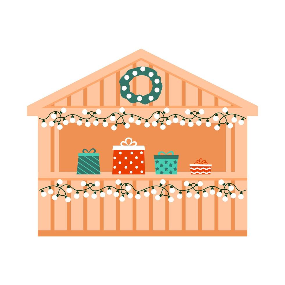 Outdoor Christmas fair, holiday market with gift, exterior shop in small house. Wooden kiosks with commerce retail on xmas and new year. Vector flat illustration