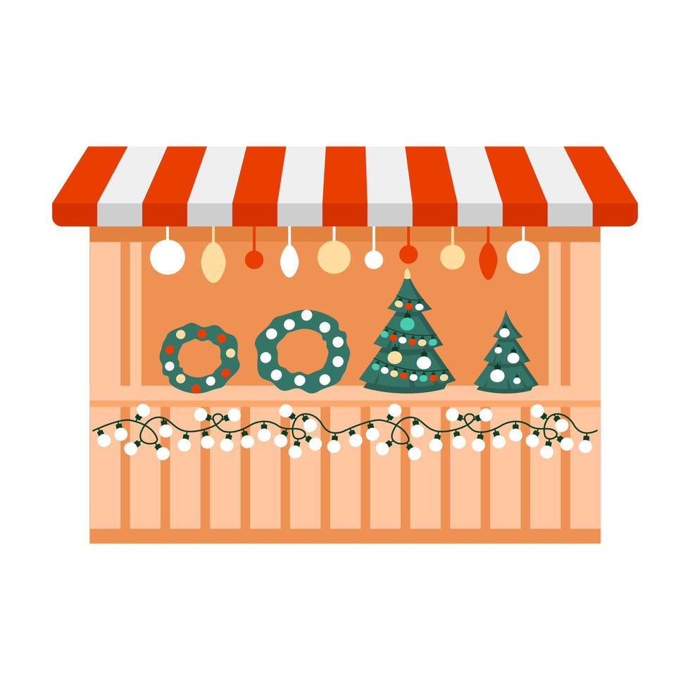 Feria navideña al aire libre, mercado navideño con corona y abeto, tienda exterior en casa pequeña. quioscos de madera con comercio minorista en navidad y año nuevo. vector ilustración plana