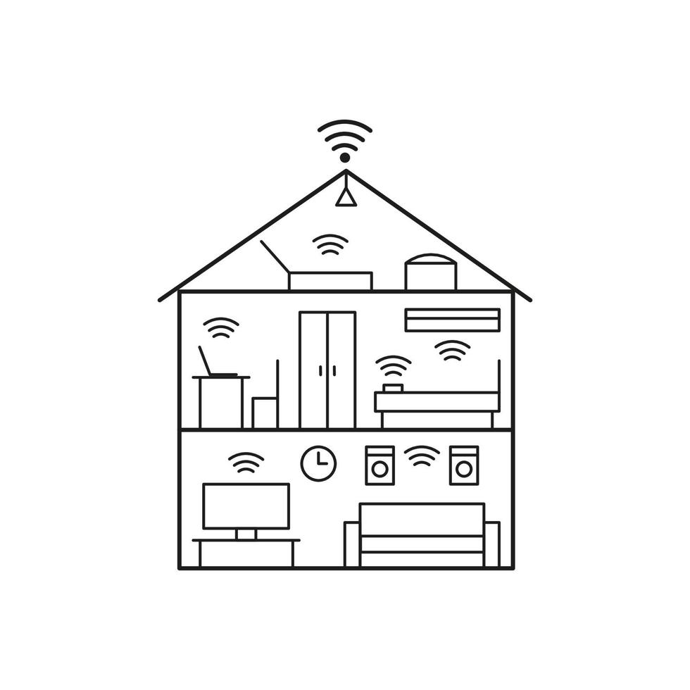 Control smart house from wifi, plan house inside line art. Building home in cut. Living rooms and bedroom with furniture and net. Vector illustration
