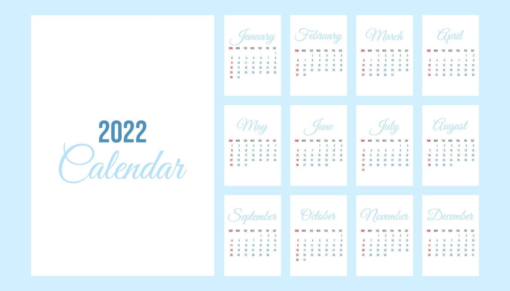 English calendar of 2022 year, calender with month. Vector