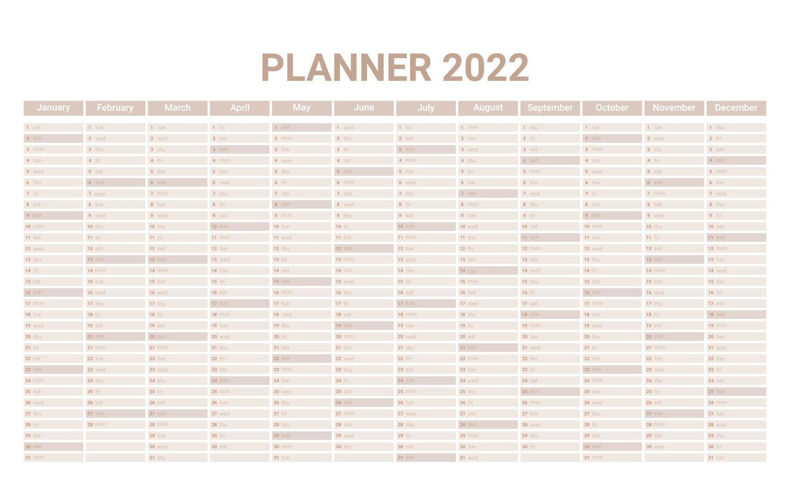 Planner English calendar of 2022 year, template schedule calender with 12 vertical months on one page. Wall organizer, yearly planner template. Vector illustration