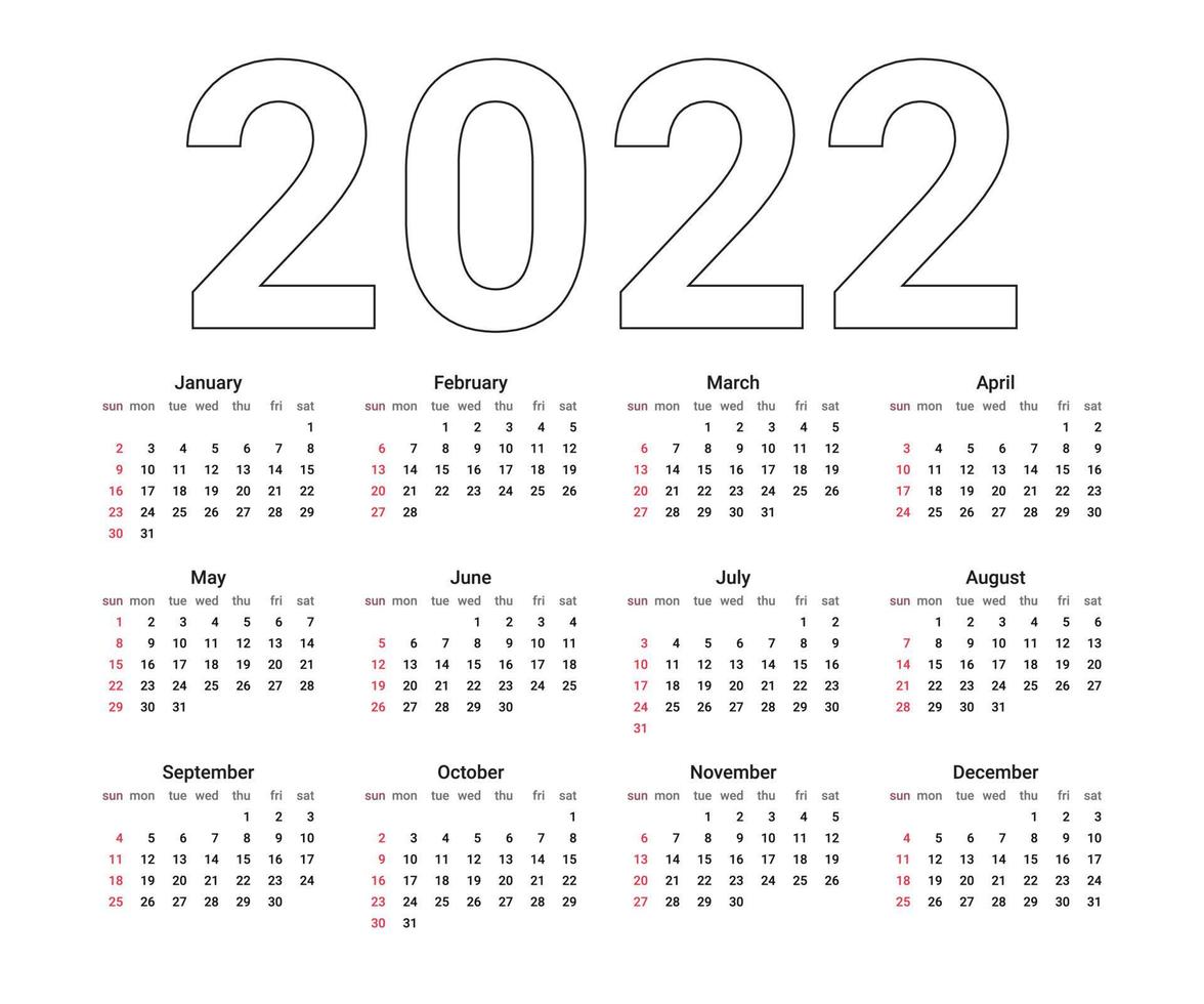 English calendar of 2022 year, calender. Vector Illustration