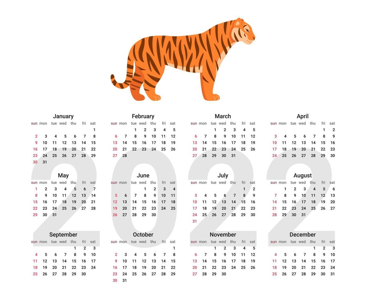 English calendar of 2022 year, calender with tiger. Vector Illustration