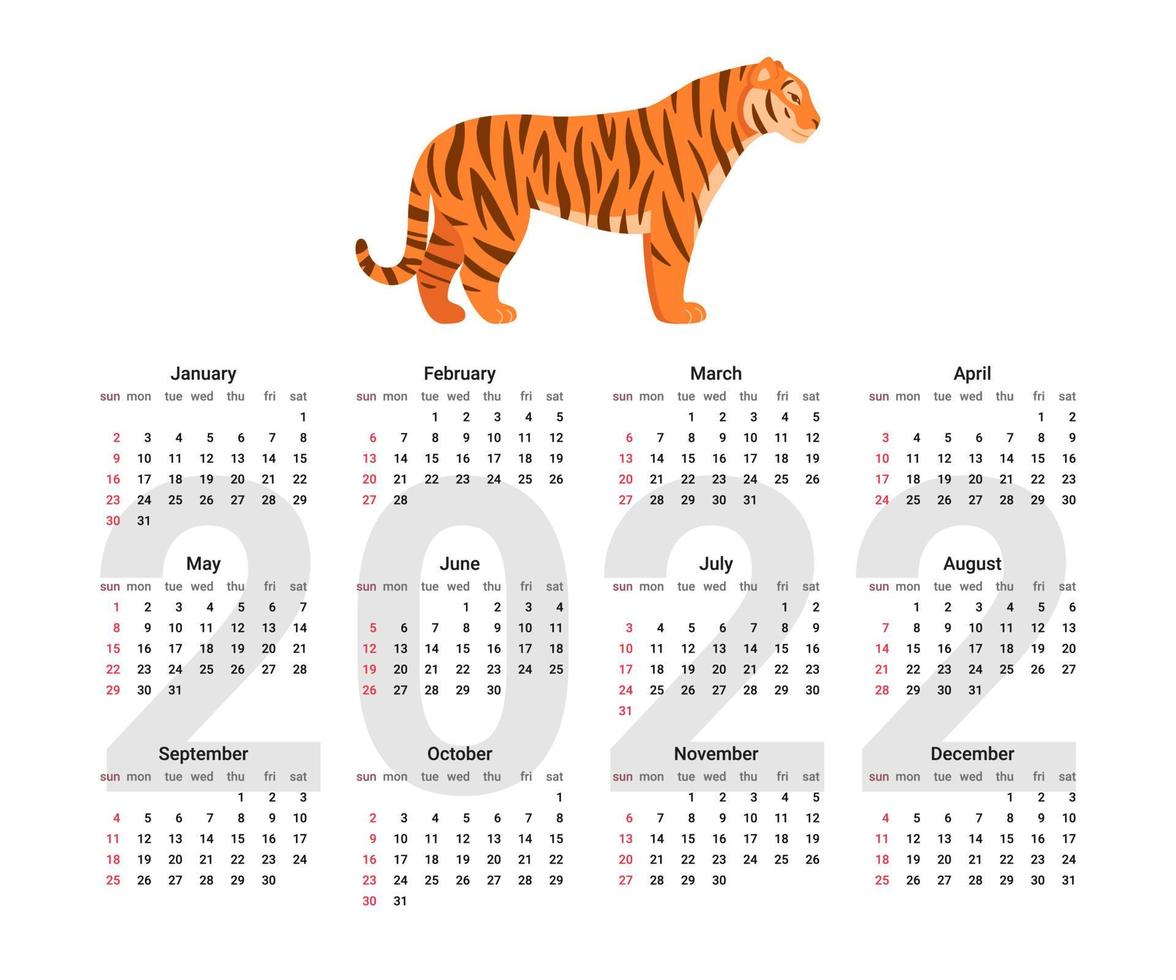 English calendar of 2022 year, calender with tiger. Vector Illustration