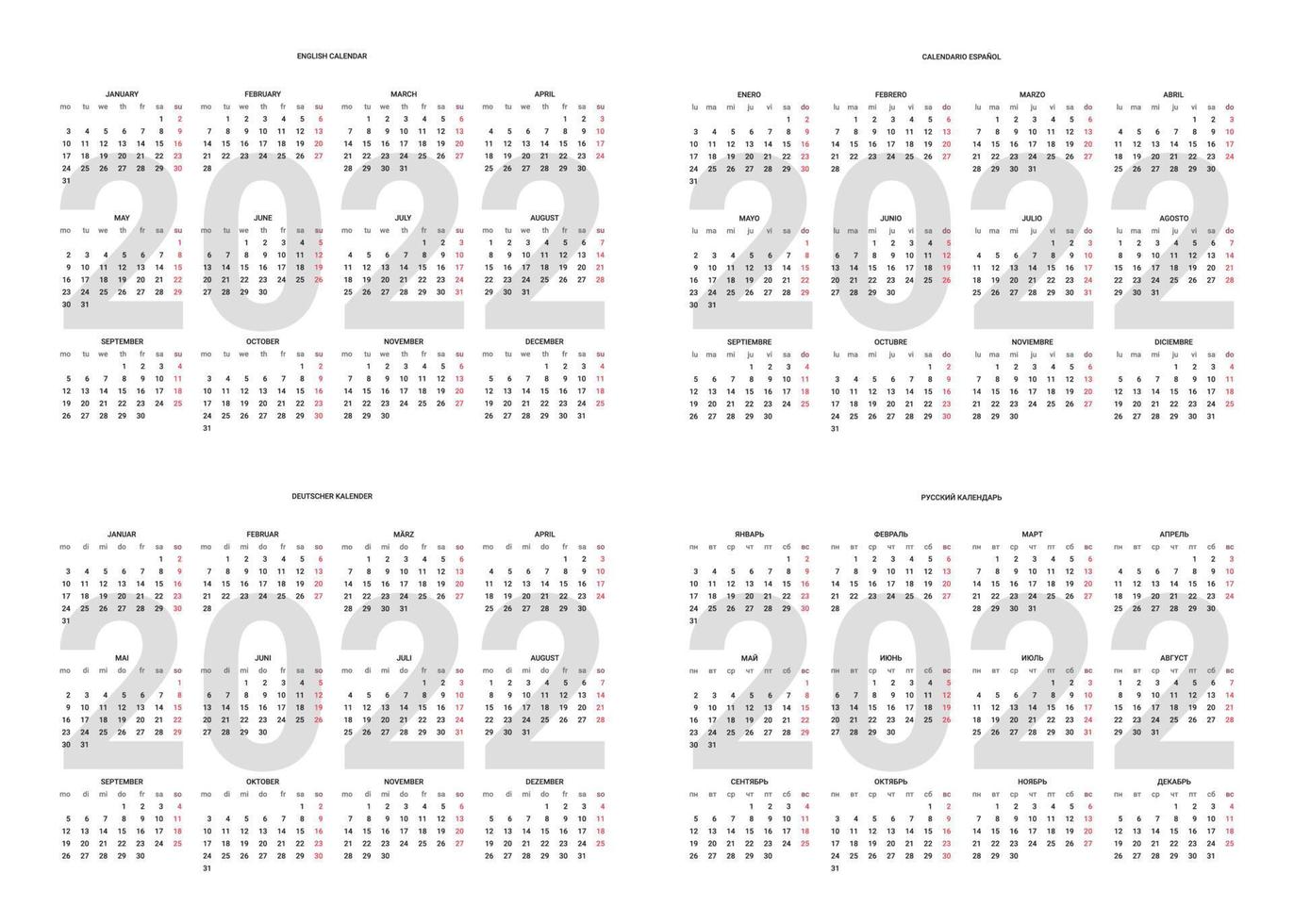 Calendar of 2022 year on english, spanish, russian, deutsch language, calender. Vector Illustration