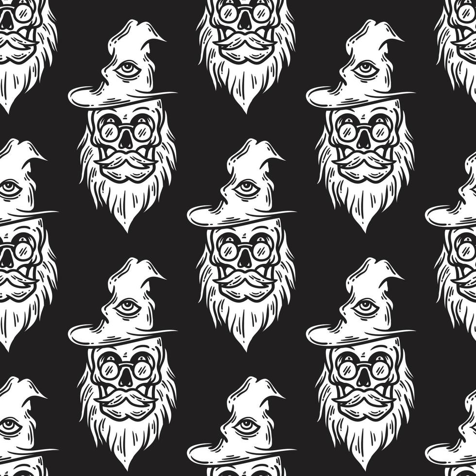 bearded skull wizard seamless pattern with hat vector