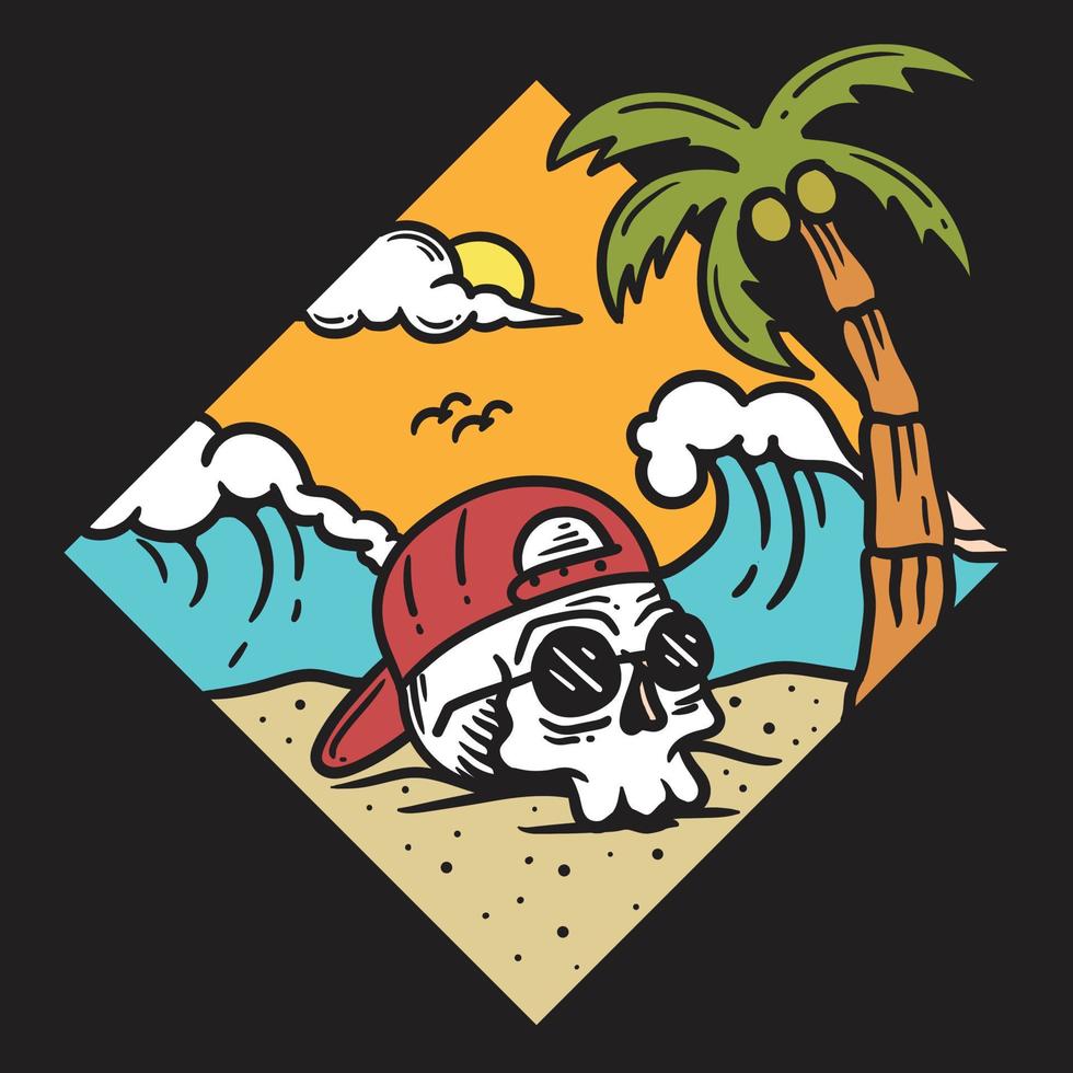 Ilustración de una calavera con gafas y un sombrero en la playa vector