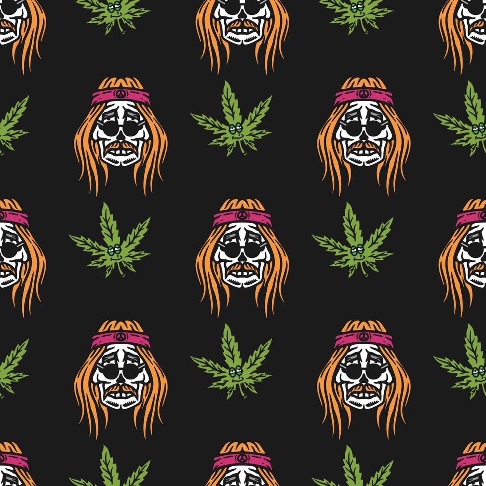 hippie male skull and cannabis leaf character seamless pattern on black background vector