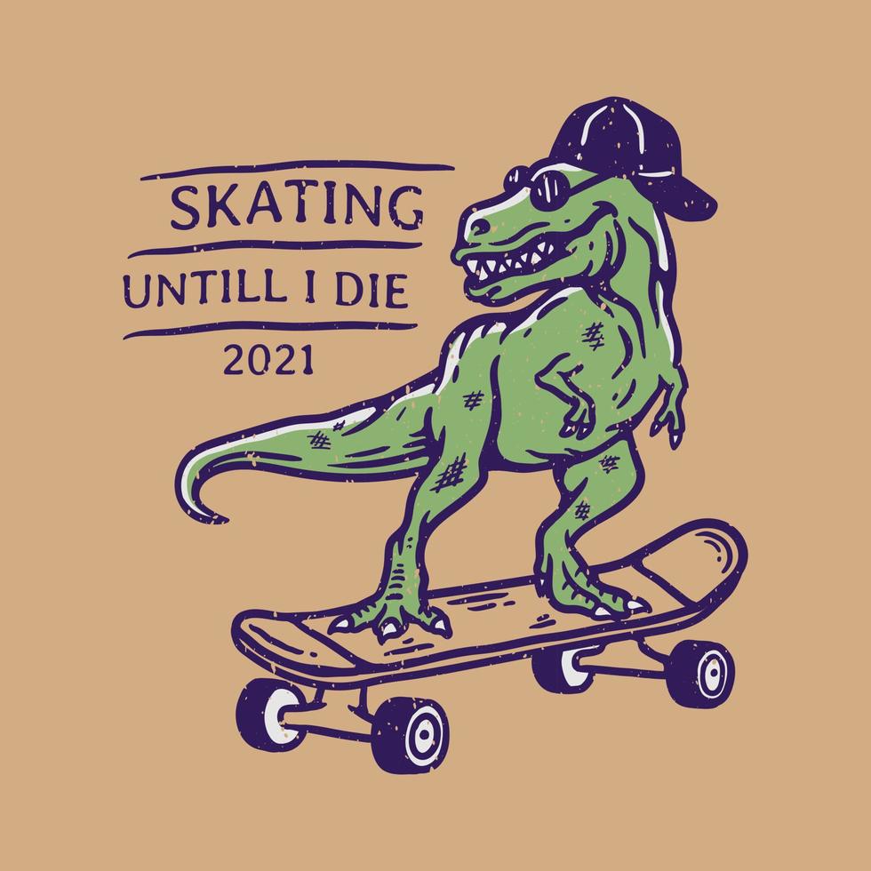 illustration of t-rex skateboarding wearing hat and sunglasses in vintage style vector