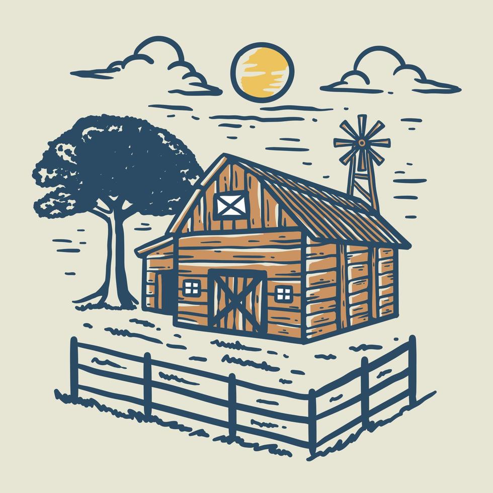 landscape illustration of a farmhouse with a fence and trees in the daytime vector