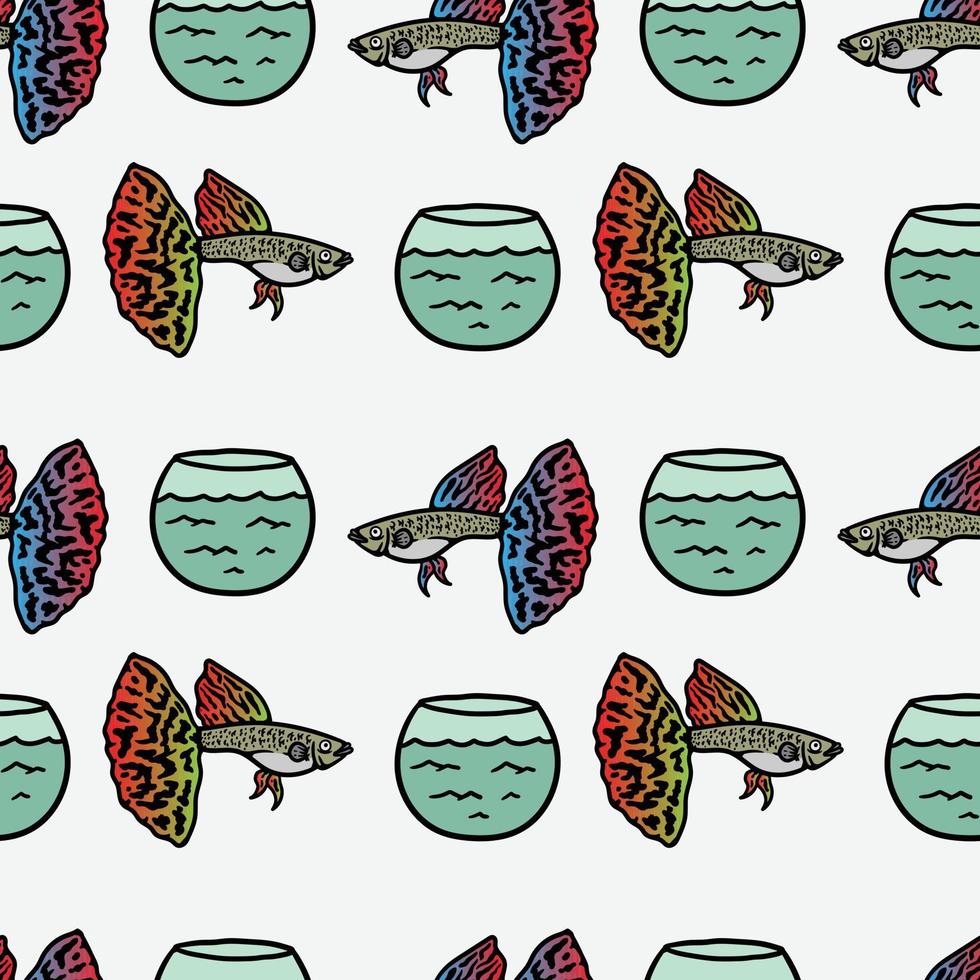 seamless pattern of guppy fish and aquarium vector