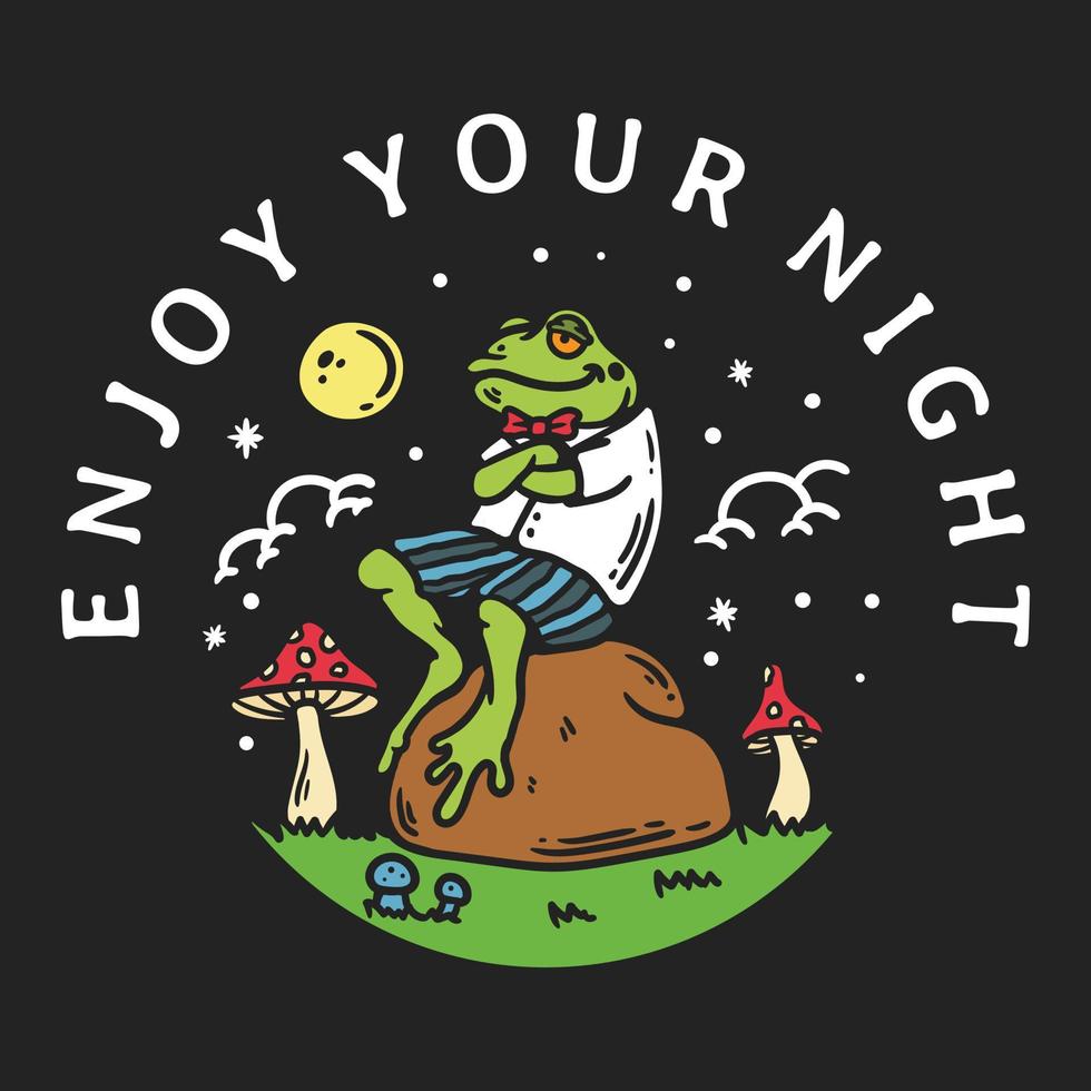illustration of a frog sitting on a rock at night vector