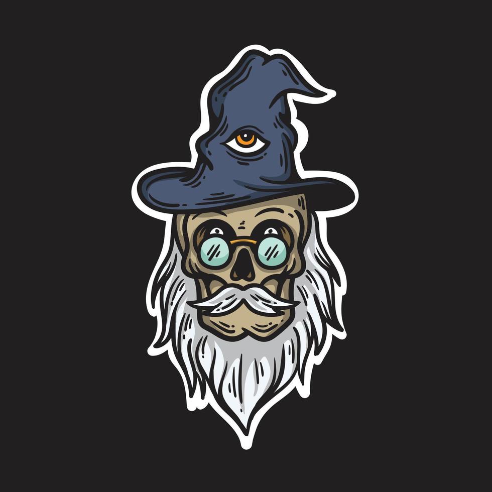 bearded skull wizard illustration with hat vector