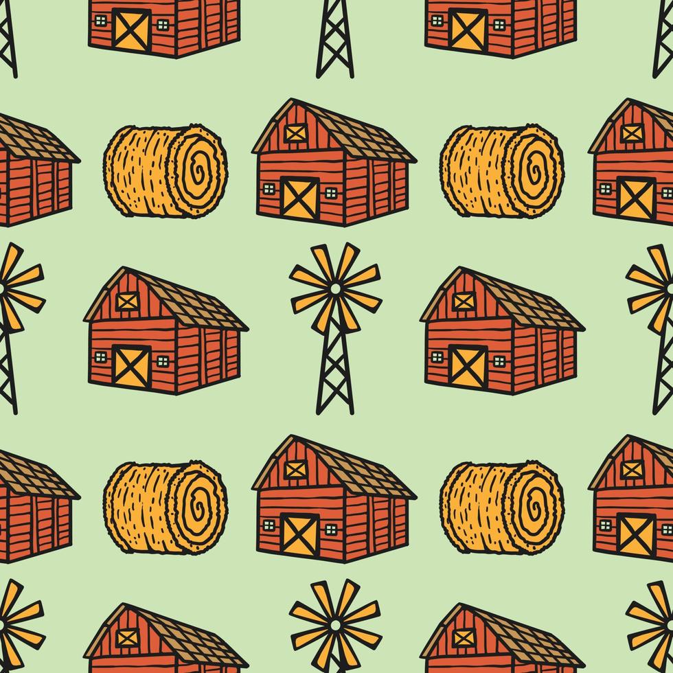 seamless pattern farmhouse, hay roll and windmill vector