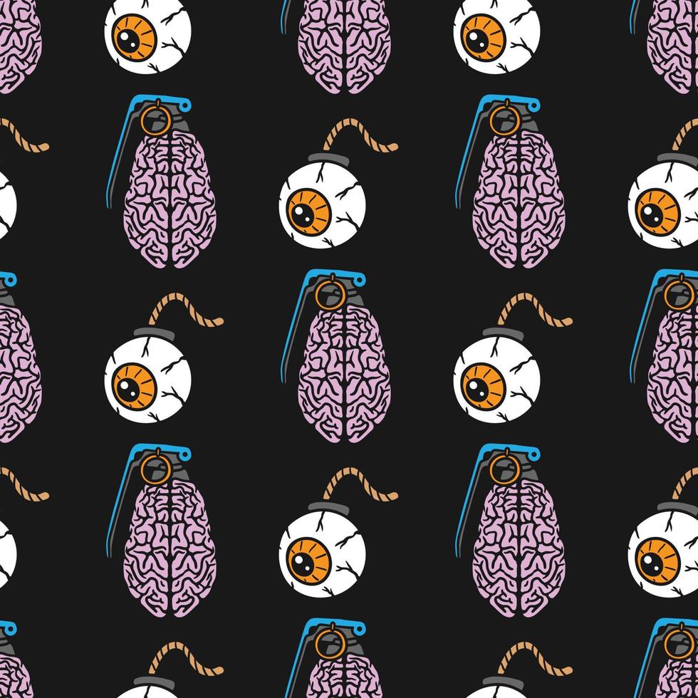 seamless pattern brain-shaped grenade and eye-shaped bomb vector