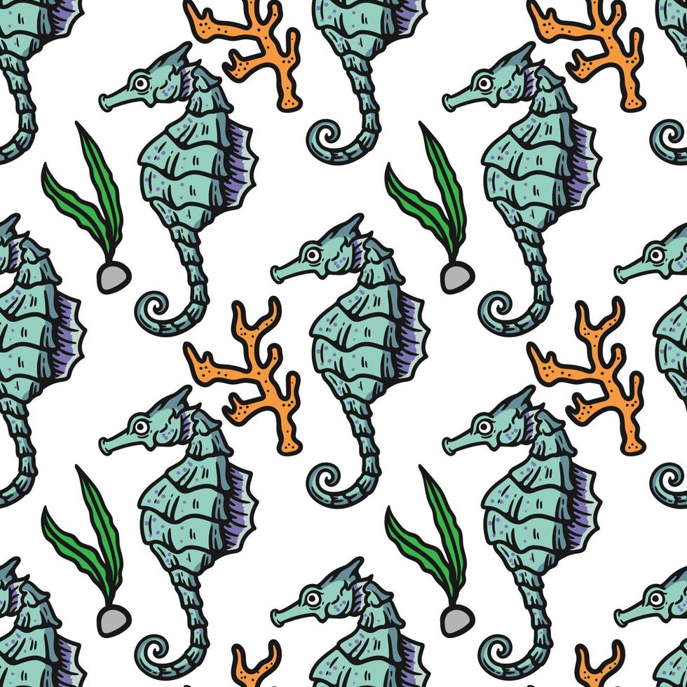 seamless pattern of seahorses seaweed coral vector