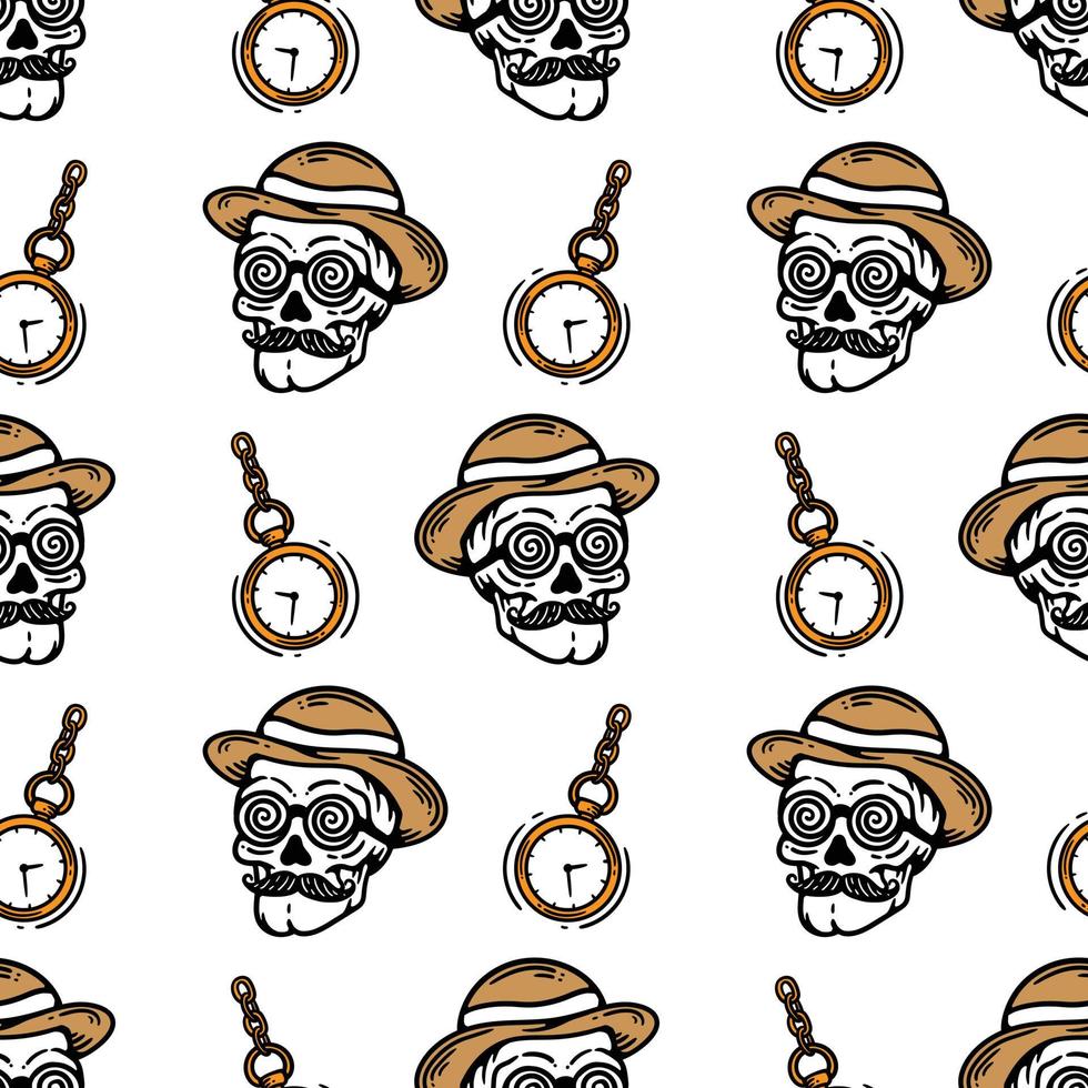seamless pattern skull with hypnotic glasses and clock vector