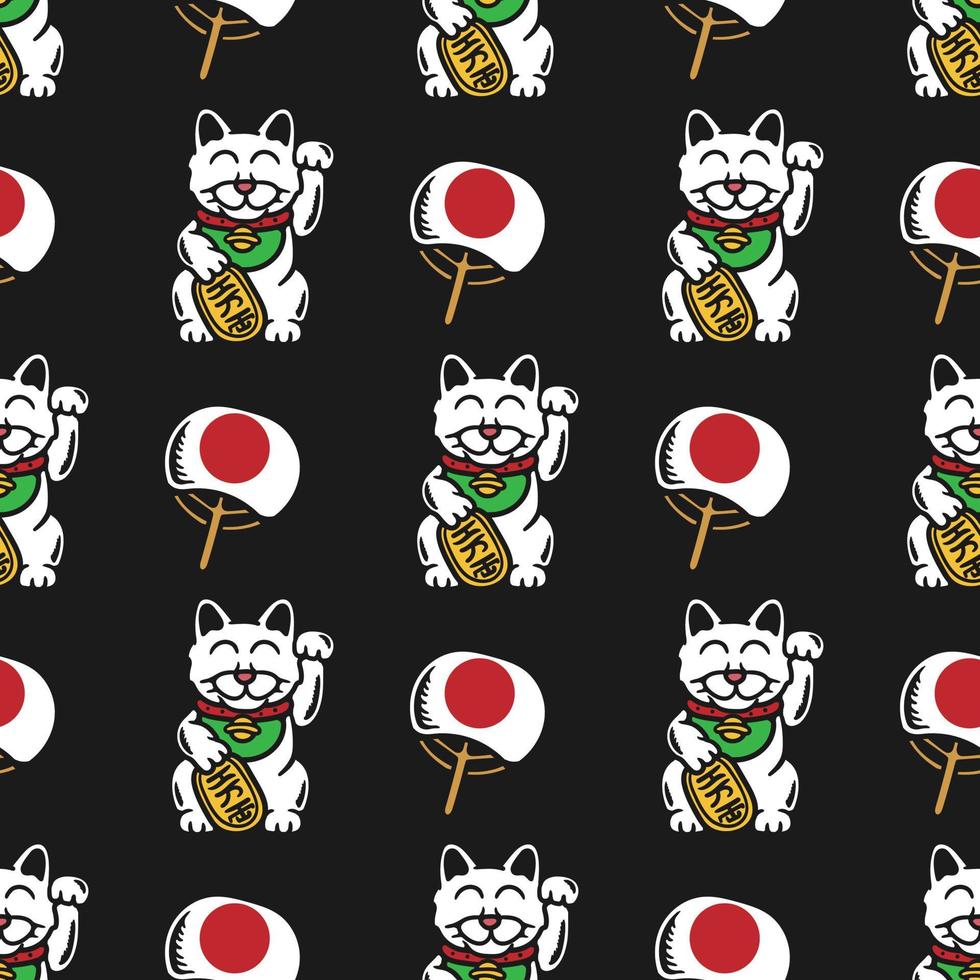 seamless pattern of neko maneki and japanese fan vector