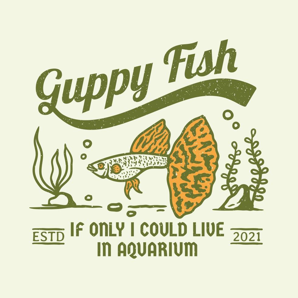 yellow tail guppy fish vintage logo with grunge vector
