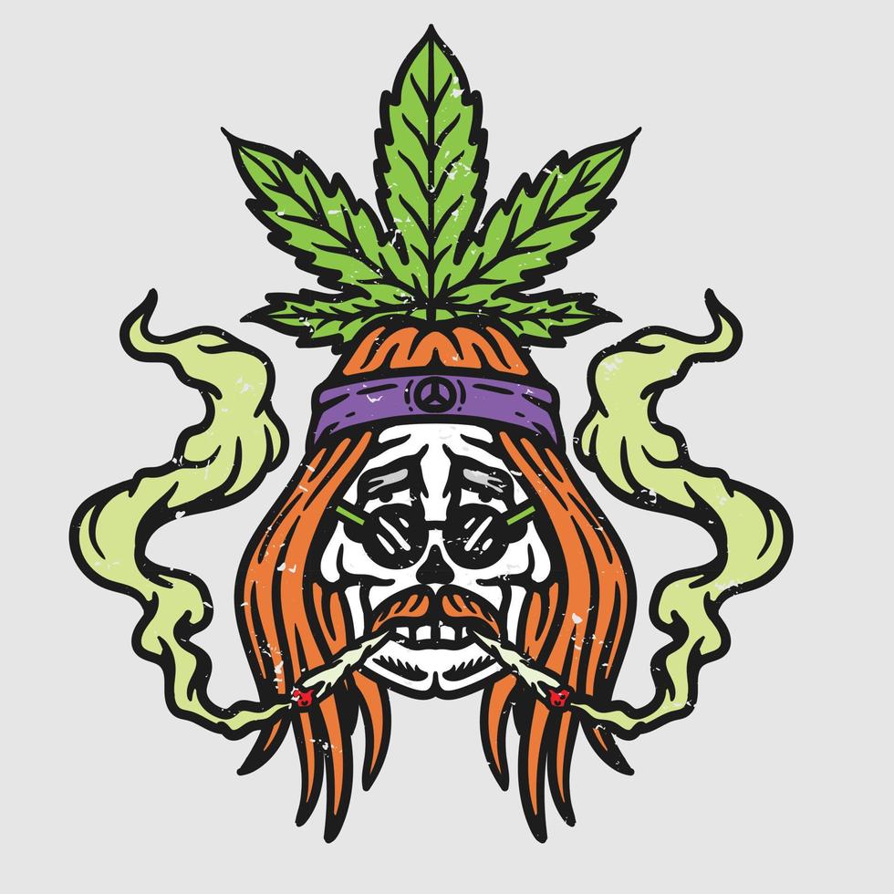 Ilustración de cráneo masculino hippie fumando con hoja de cannabis vector