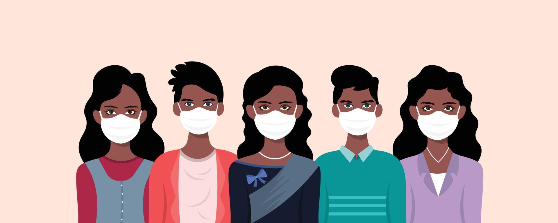Group of men and women of diverse culture wearing medical mask. Diversity multi-ethnic and multiracial people. Concept of racial equality and anti-racism. Multicultural society. vector