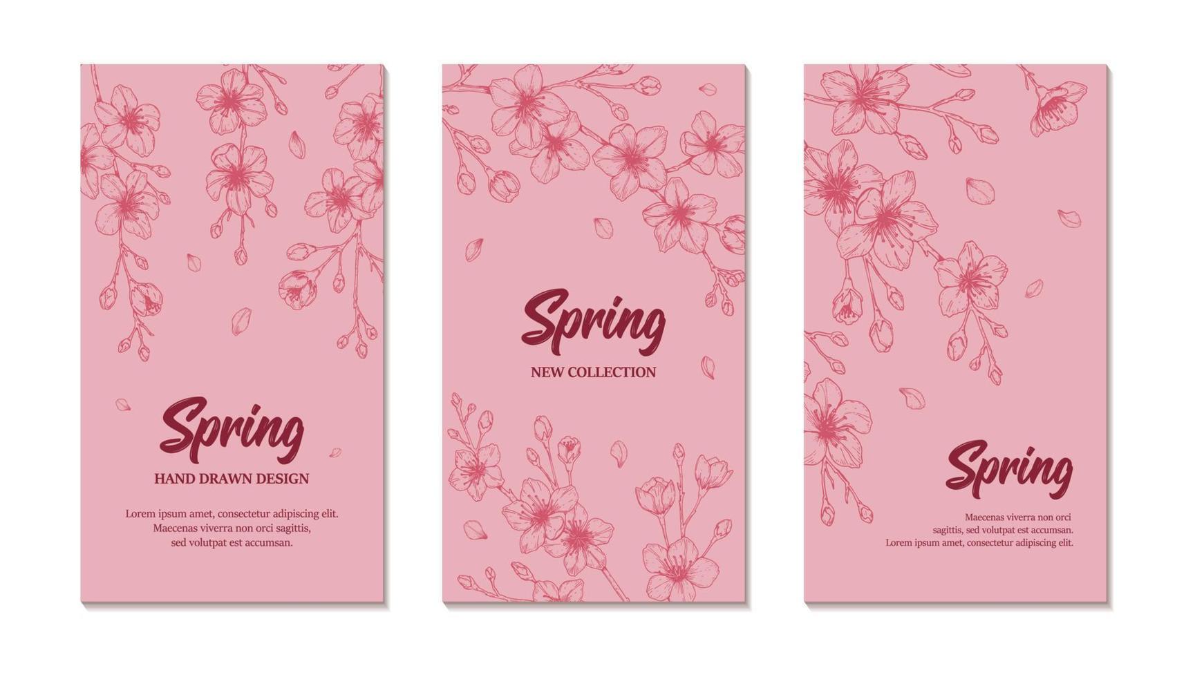 conjunto de diseños verticales con flor de cerezo de primavera dibujada a mano en estilo boceto. diseño de primavera para historias de redes sociales, tarjetas, pancartas, cartas, invitaciones. lugar para el texto vector