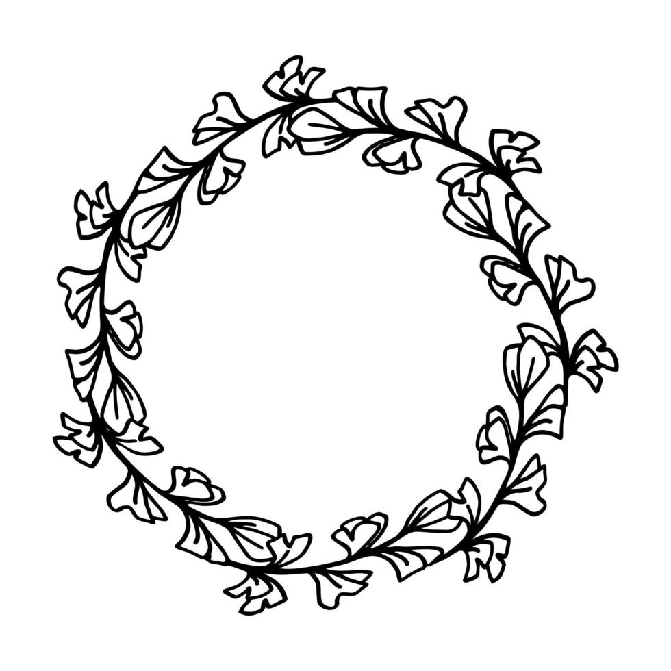 Ginko biloba wreath with hand drawn leaves , black ink on white background vector