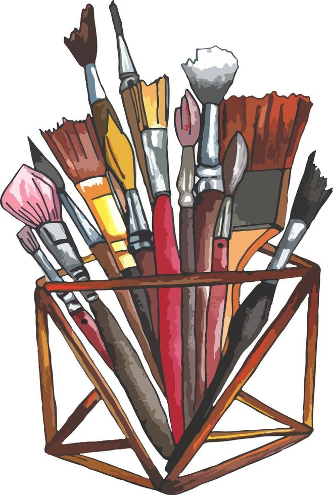 watercolor illustration of the brush for drawing are in stylish holder. Objects for the artist. vector