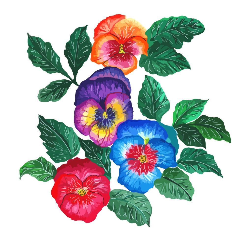 conjunto de pensamientos de colores brillantes con hojas, aislado en un fondo blanco, dibujo a mano acuarela. ilustración de flores, hermosas flores y hojas. vector