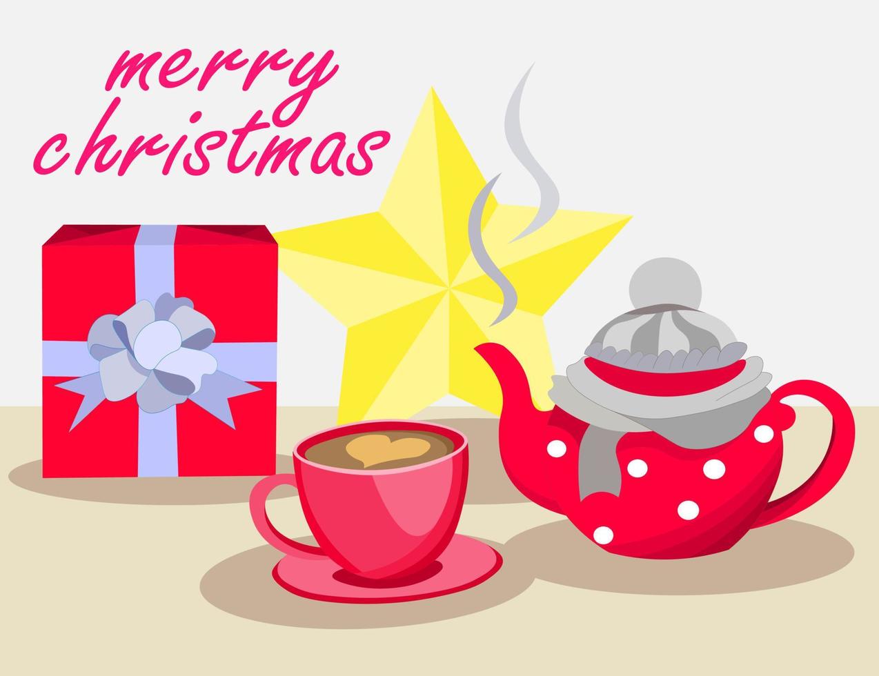 tarjeta de navidad - tetera con taza de té, caja de regalo y estrella dorada. composición festiva de invierno brillante. tarjeta de felicitación, pancarta, póster, portada, calendario. ilustración vectorial. vector