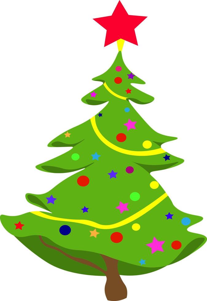 The Christmas tree is decorated with Christmas balls, ribbons and stars for the holiday vector