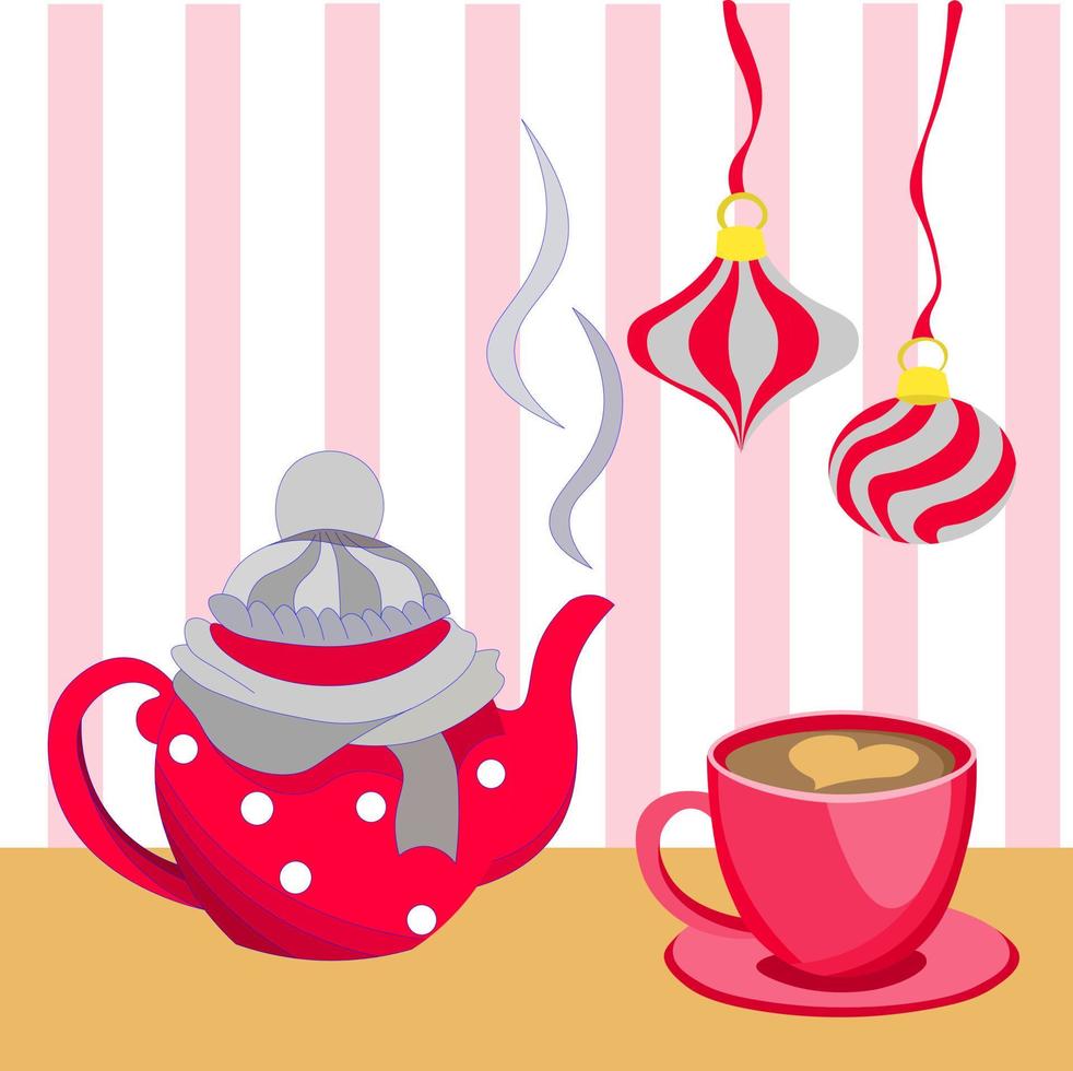 La tarjeta navideña del juego de té es tetera vestida con sombrero y envuelta con bufanda, bolas de cristal colgantes y taza de café con leche caliente. ambiente festivo con una deliciosa bebida. manténgase caliente con calor. vector