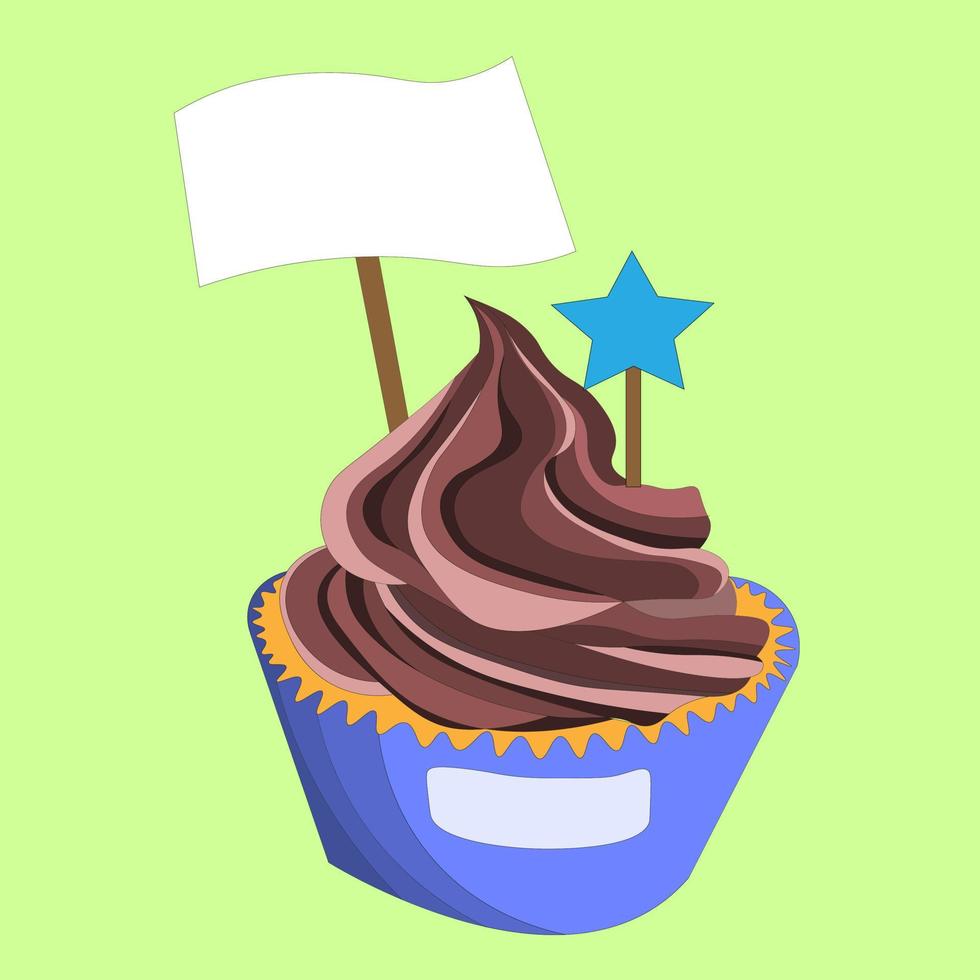 one element muffin with whipped cream chocolate cream, decorated with plaque and star on skewer vector