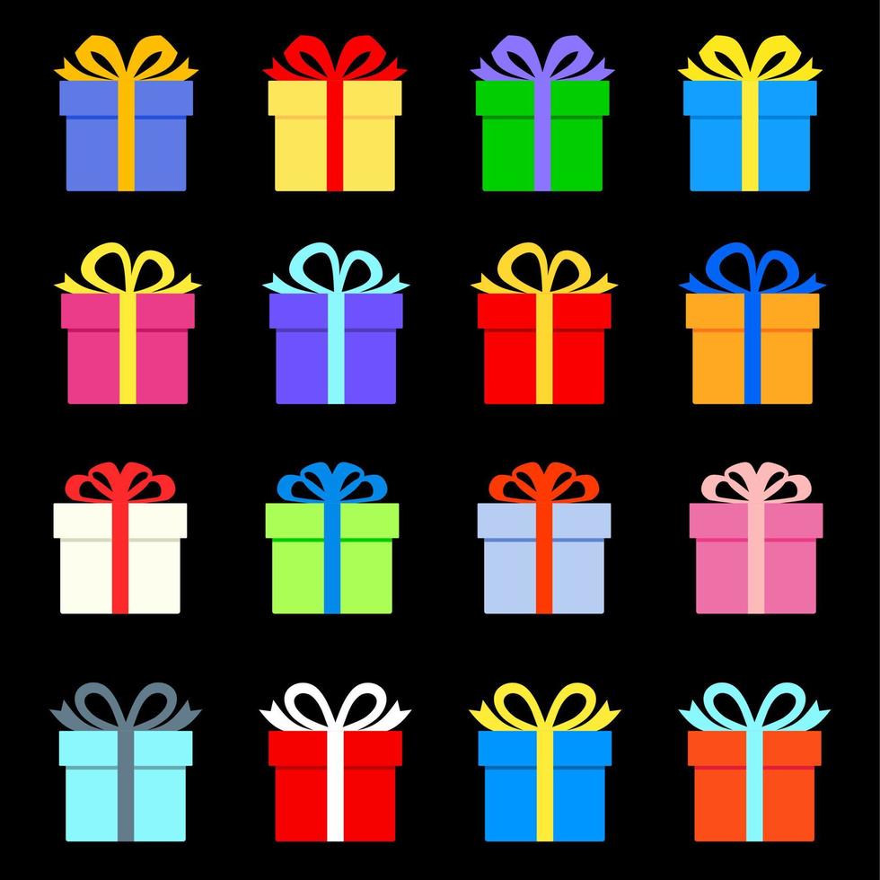 juego de cajas de regalo. regalo de navidad, regalo de cumpleaños. cajas de regalo de colores en diseño plano. ilustración vectorial vector